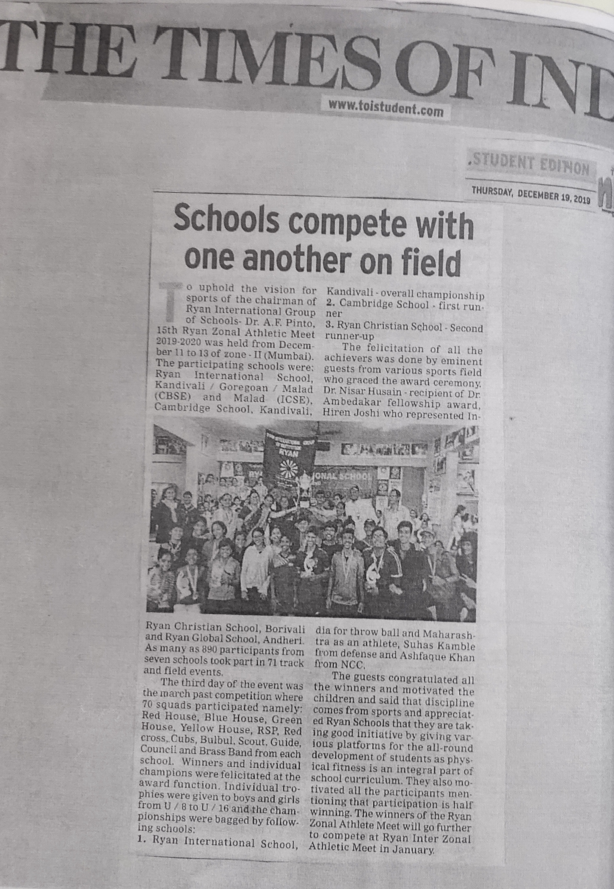 An article under the name “15th Ryan Zonal Meet” was published in the Times of India